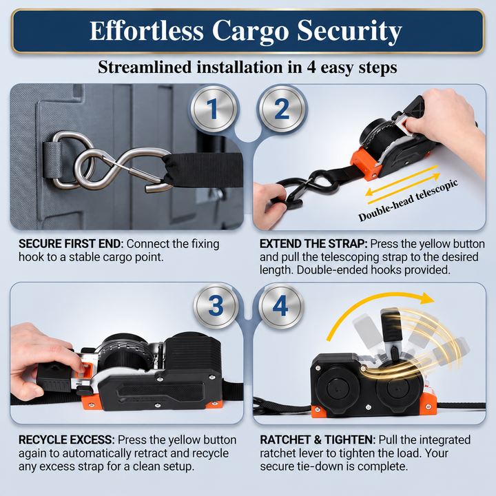 Cargo Straps | Retractable Ratchet Pair, Hooked Ends