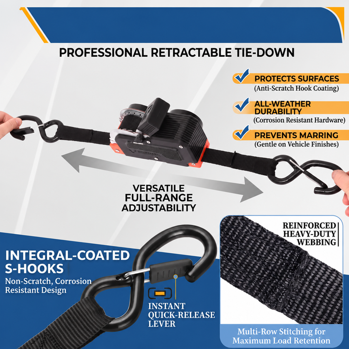 Cargo Straps | Retractable Ratchet Pair, Hooked Ends