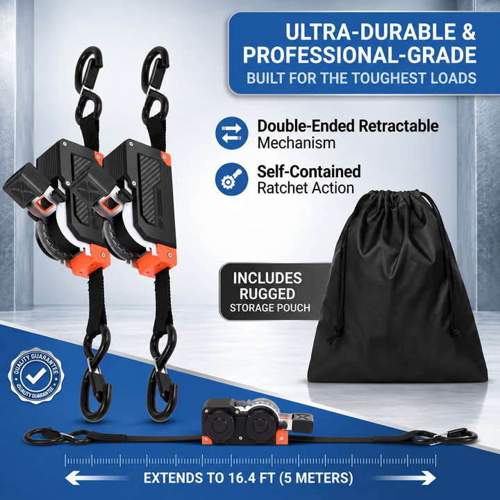 Cargo Straps | Retractable Ratchet Pair, Hooked Ends