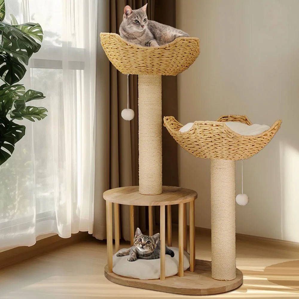 Cat Tree Tower Wood | Floor to Ceiling with Sisal Scratching Posts &amp; Woven Basket Beds | Multi-Level Climbing for Active Cats