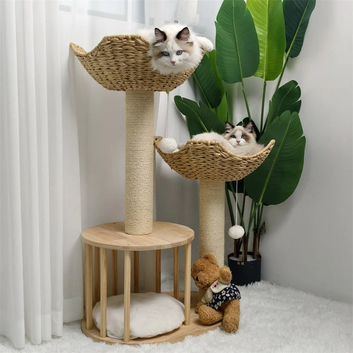 Cat Tree Tower Wood | Floor to Ceiling with Sisal Scratching Posts &amp; Woven Basket Beds | Multi-Level Climbing for Active Cats