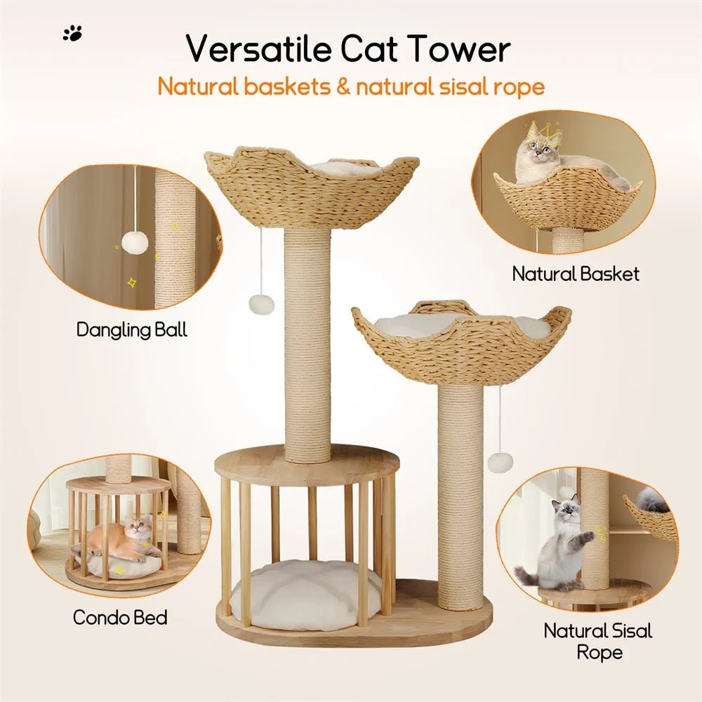 Cat Tree Tower Wood | Floor to Ceiling with Sisal Scratching Posts &amp; Woven Basket Beds | Multi-Level Climbing for Active Cats