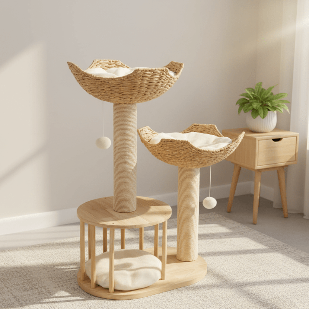 Cat Tree Tower Wood | Floor to Ceiling with Sisal Scratching Posts & Woven Basket Beds | Multi-Level Climbing for Active Cats
