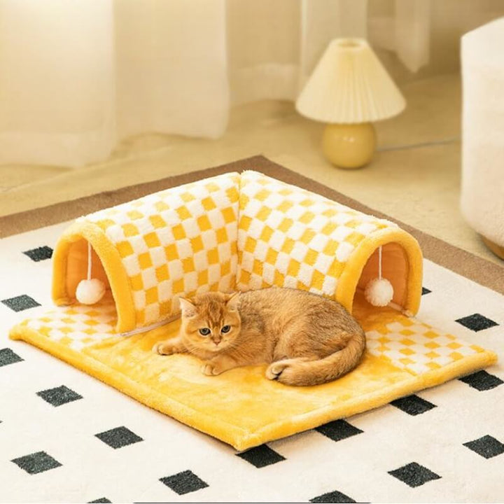 Cat Tunnel Bed Polyester-Cotton | 2-in-1 Tunnel and Sleeping Den | Machine-Washable Removable Cover for Easy Cleaning