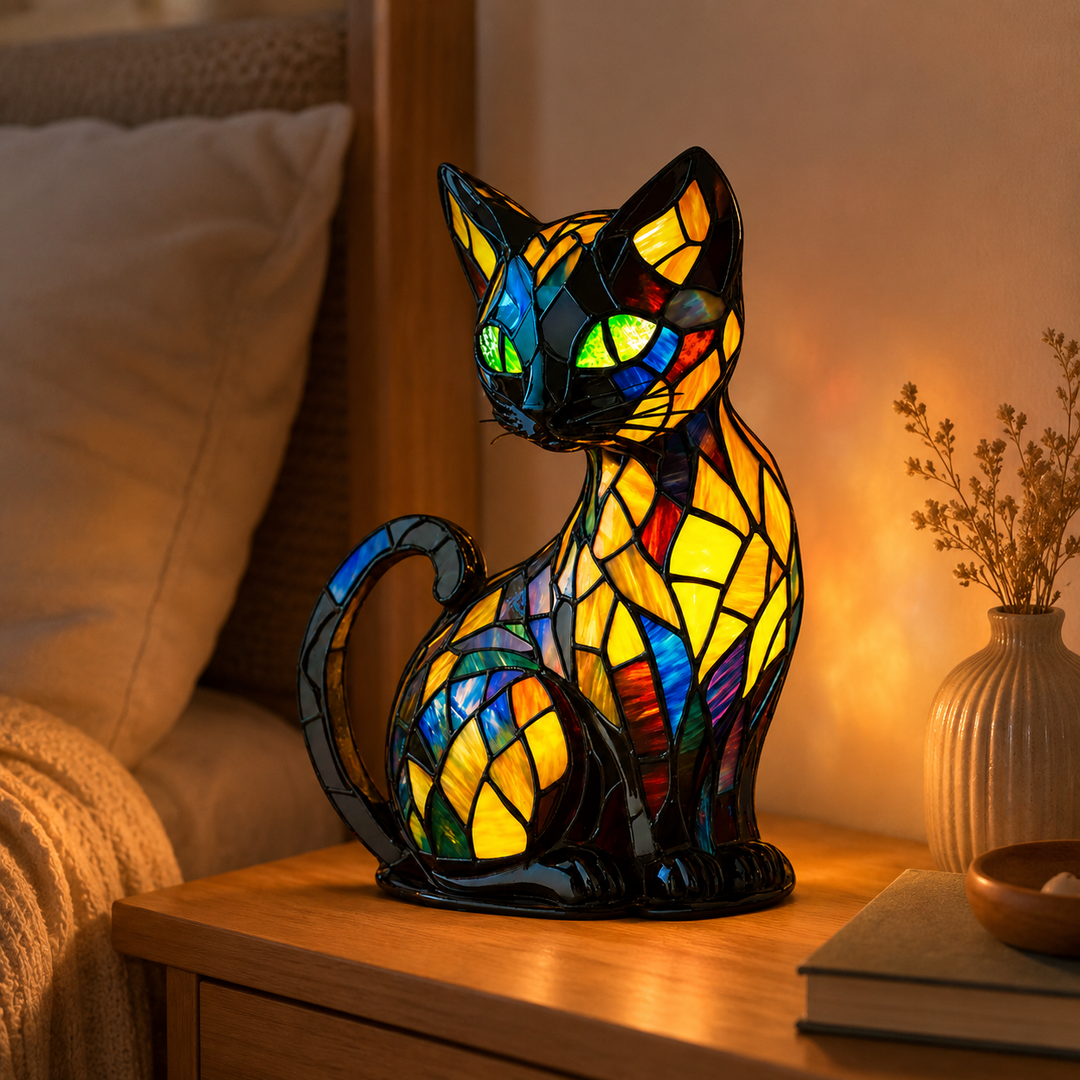 Stained Glass Cat Night Light | Curved Base Decorative Lamp | Cosy Bedside Ambient Lighting for Bedrooms and Nurseries 1