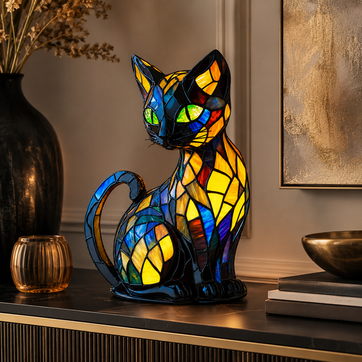 Stained Glass Cat Night Light | Curved Base Decorative Lamp | Cosy Bedside Ambient Lighting for Bedrooms and Nurseries 2