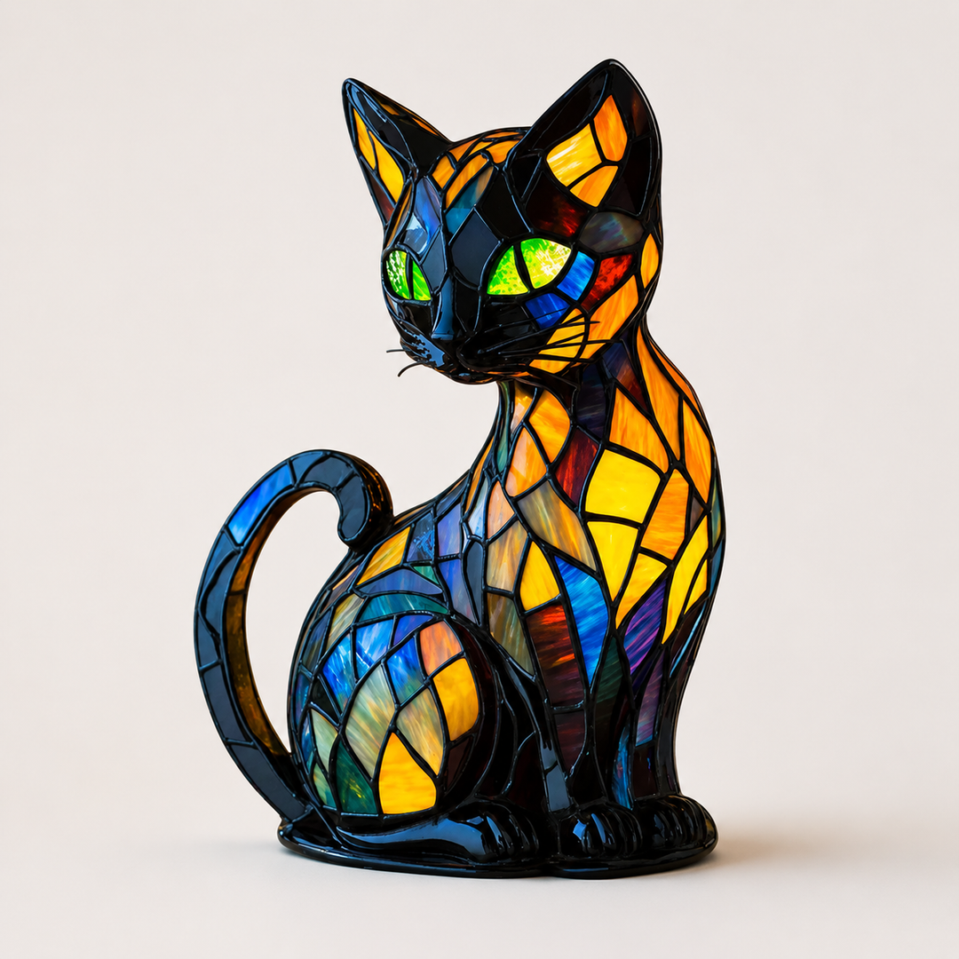 Stained Glass Cat Night Light | Curved Base Decorative Lamp | Cosy Bedside Ambient Lighting for Bedrooms and Nurseries 3