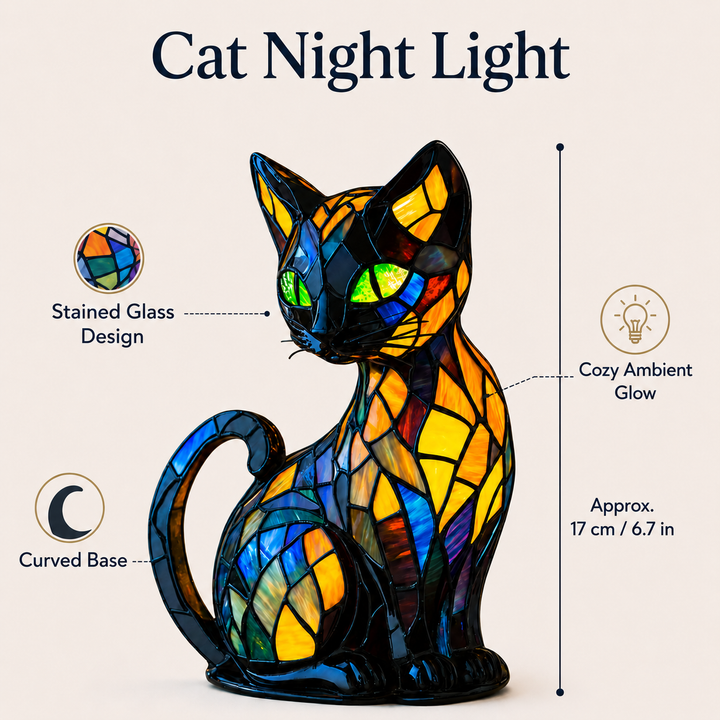 Stained Glass Cat Night Light | Curved Base Decorative Lamp | Cosy Bedside Ambient Lighting for Bedrooms and Nurseries 4