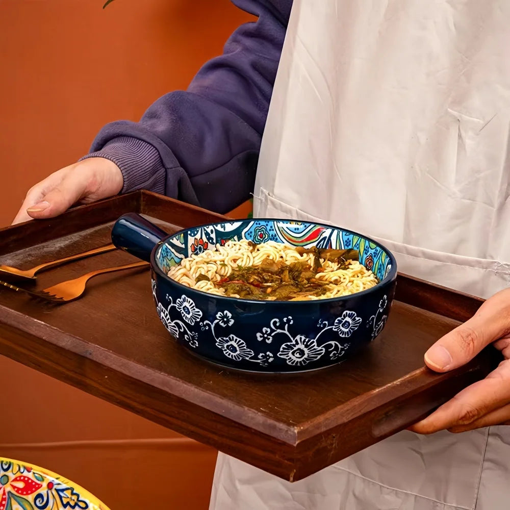 Ceramic Bowl with Handle | Boho Floral Design