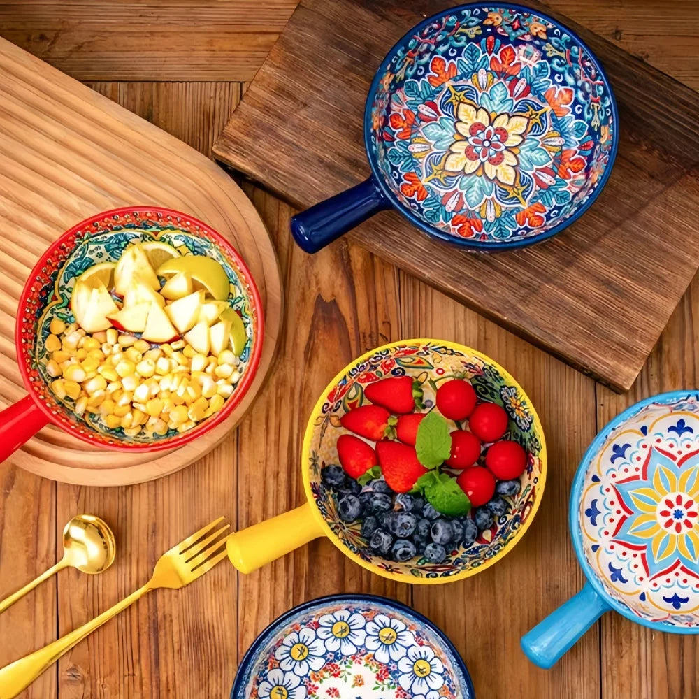 Ceramic Bowl with Handle | Boho Floral Design