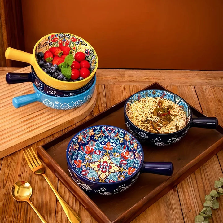 Ceramic Bowl with Handle | Boho Floral Design