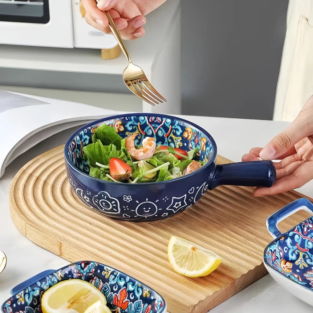 Ceramic Bowl with Handle | Boho Floral Design