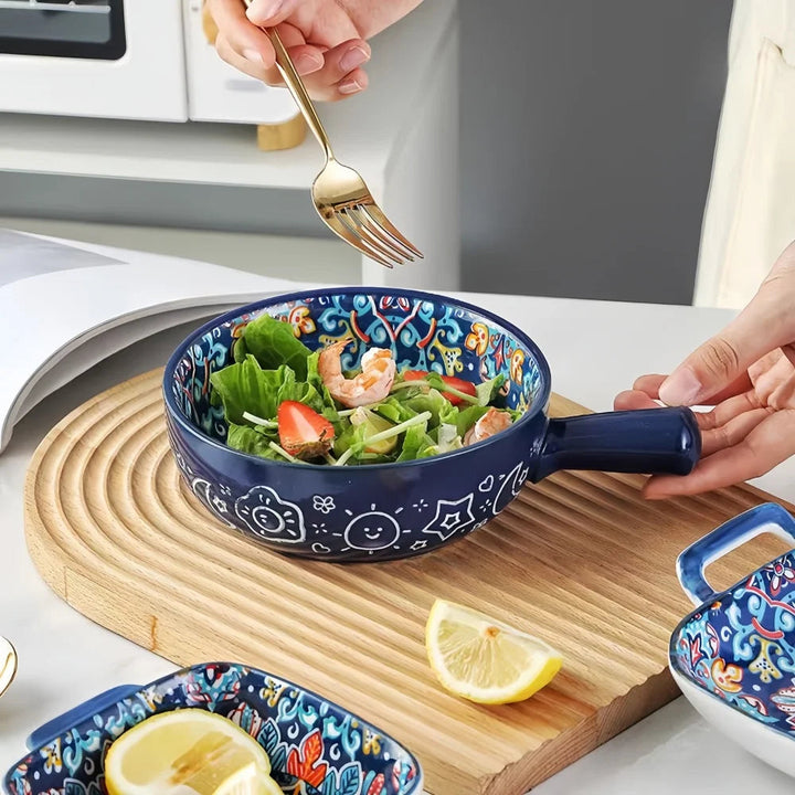 Ceramic Bowl with Handle | Boho Floral Design