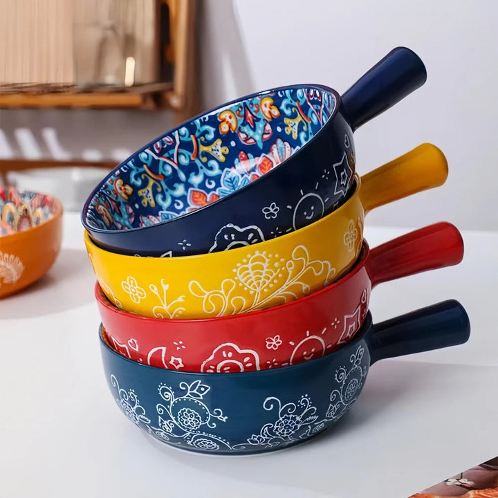 Ceramic Bowl with Handle | Boho Floral Design