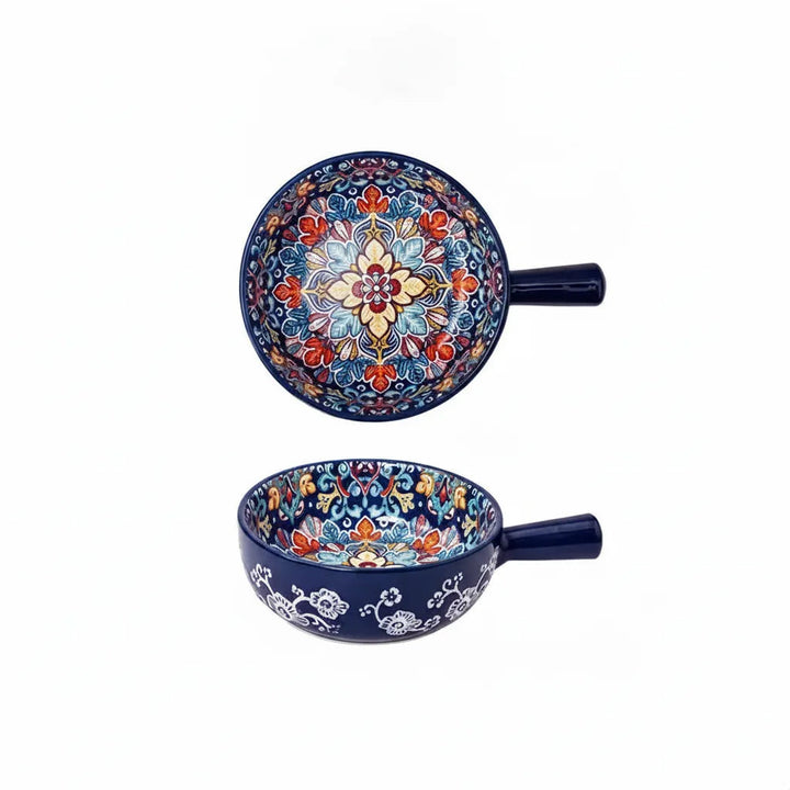 Ceramic Bowl with Handle | Boho Floral Design