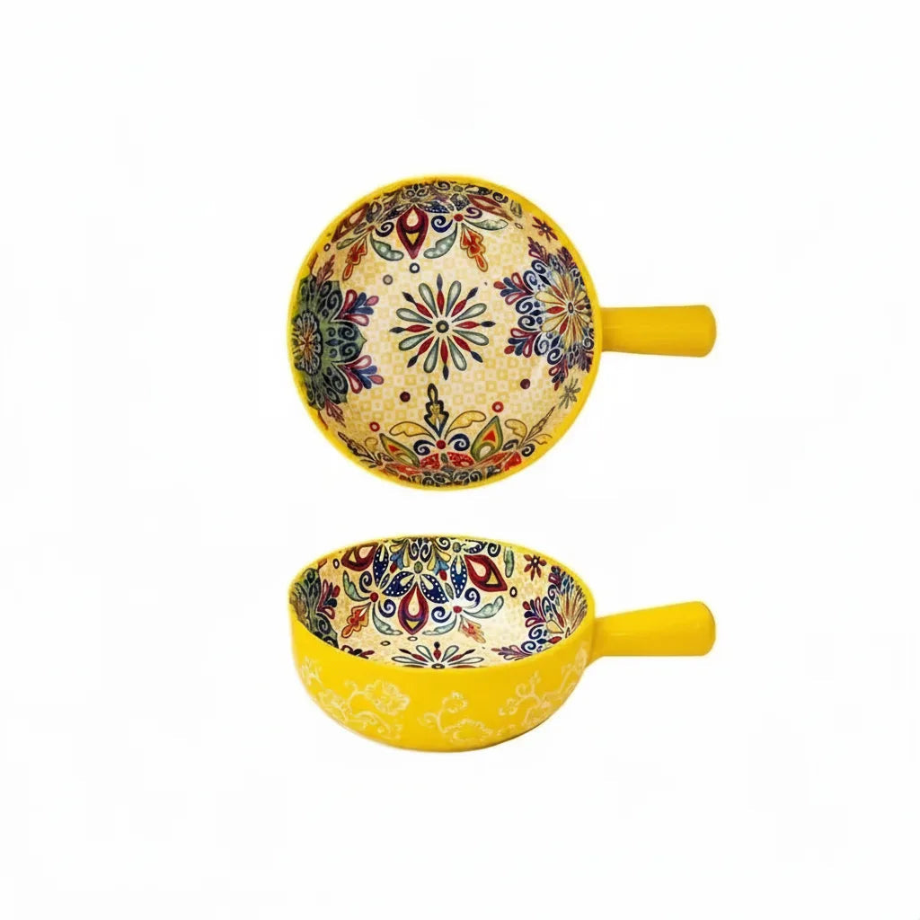 Ceramic Bowl with Handle | Boho Floral Design