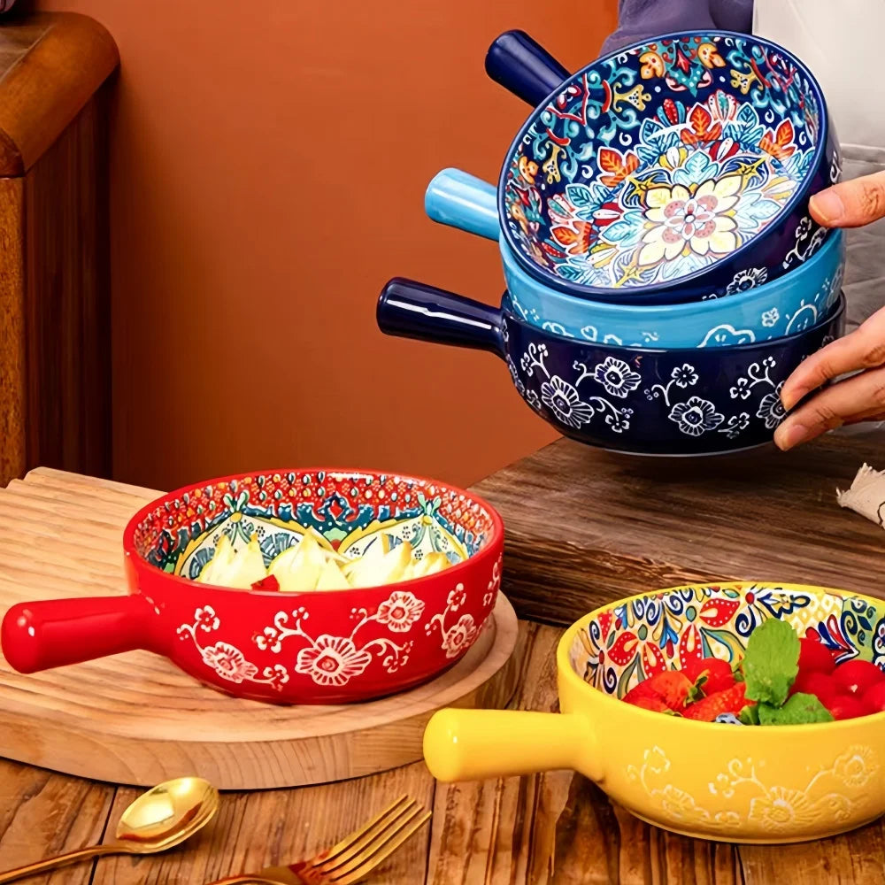 Ceramic Bowl with Handle | Boho Floral Design