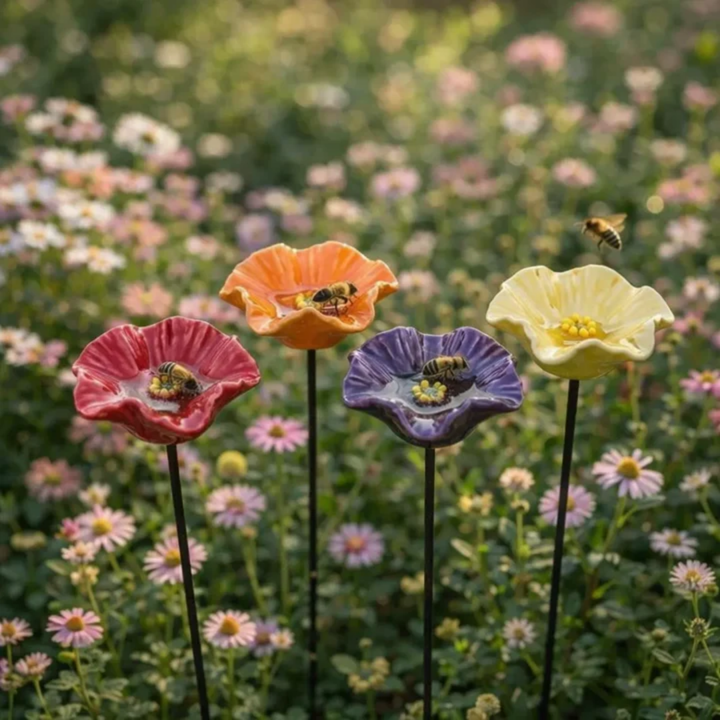 Ceramic Flower Drinking Bowls, Set of 4 | Handmade All-Weather Design | Water Dishes for Bees, Butterflies &amp; Birds