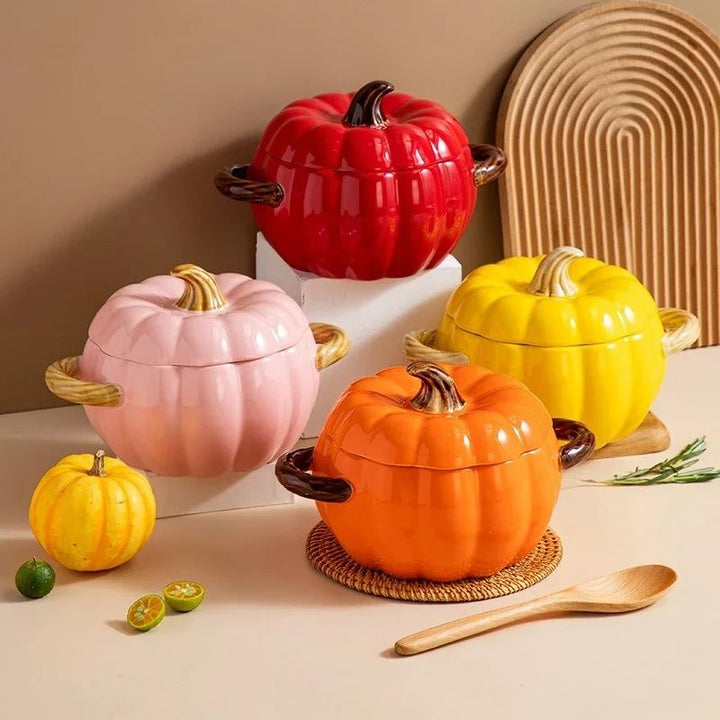 Ceramic Pumpkin Soup Bowl with Lid | Handled Tureen for Soup, Ramen &amp; Stew | Retains Heat for Cosy Autumn &amp; Halloween Meals