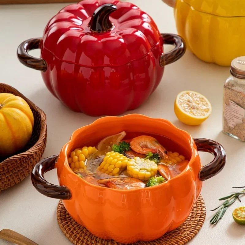 Ceramic Pumpkin Soup Bowl with Lid | Handled Tureen for Soup, Ramen &amp; Stew | Retains Heat for Cosy Autumn &amp; Halloween Meals