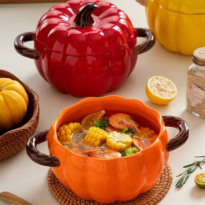 Ceramic Pumpkin Soup Bowl with Lid | Handled Tureen for Soup, Ramen &amp; Stew | Retains Heat for Cosy Autumn &amp; Halloween Meals
