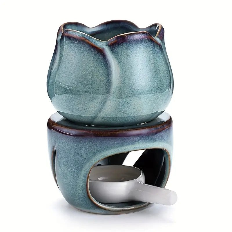 Ceramic Wax Warmer Tulip Design | Dual-Function Oil Burner &amp; Candle Holder | Aromatherapy Diffuser Set for Home