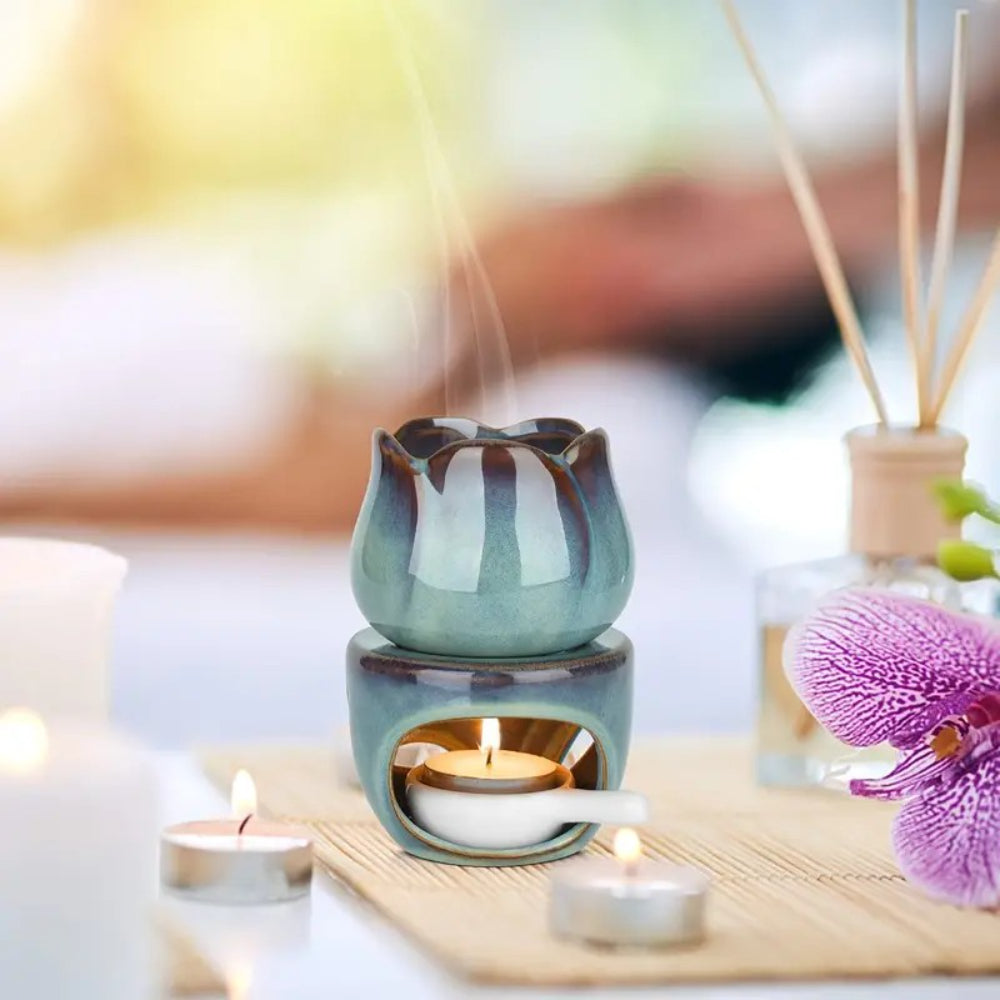 Ceramic Wax Warmer Tulip Design | Dual-Function Oil Burner &amp; Candle Holder | Aromatherapy Diffuser Set for Home