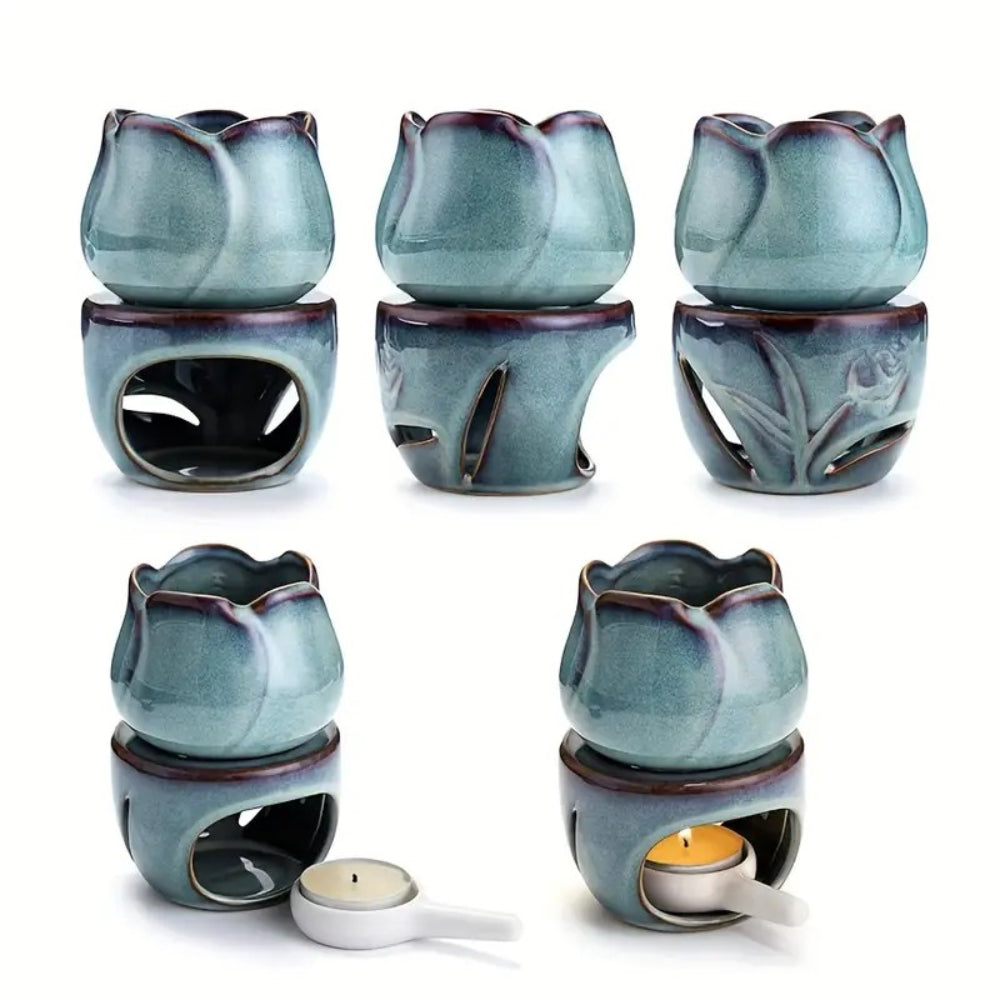 Ceramic Wax Warmer Tulip Design | Dual-Function Oil Burner &amp; Candle Holder | Aromatherapy Diffuser Set for Home