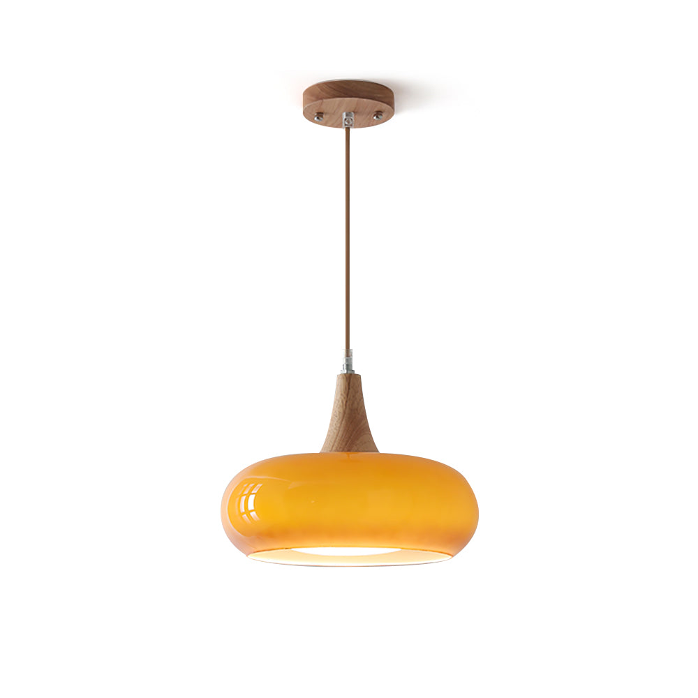 Charlotte | Glass Pendant Light with Amber Shade & Wood Top | Cozy Kitchen Pendant Lighting for Warm Ambiance 1