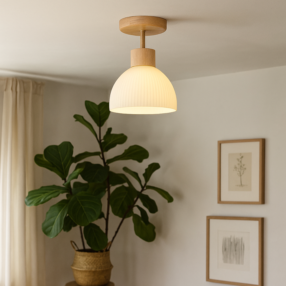 Wood & Glass Ceiling Lamp | Warm LED Light with Frosted Shade | Soft Ambient Glow for Bedrooms, Living Rooms & Hallways 2