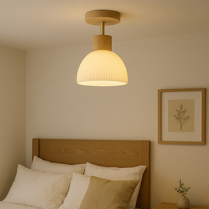 Wood &amp; Glass Ceiling Lamp | Warm LED Light with Frosted Shade | Soft Ambient Glow for Bedrooms, Living Rooms &amp; Hallways 1