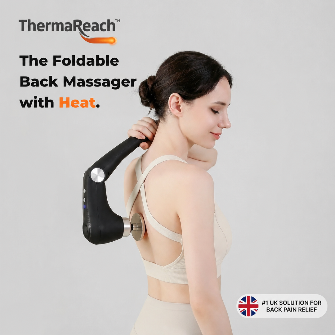 Back Heater &amp; Massager Gun | Foldable Long-Reach Percussion Device with Heated Head