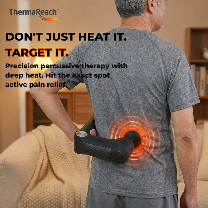 Back Heater &amp; Massager Gun | Foldable Long-Reach Percussion Device with Heated Head