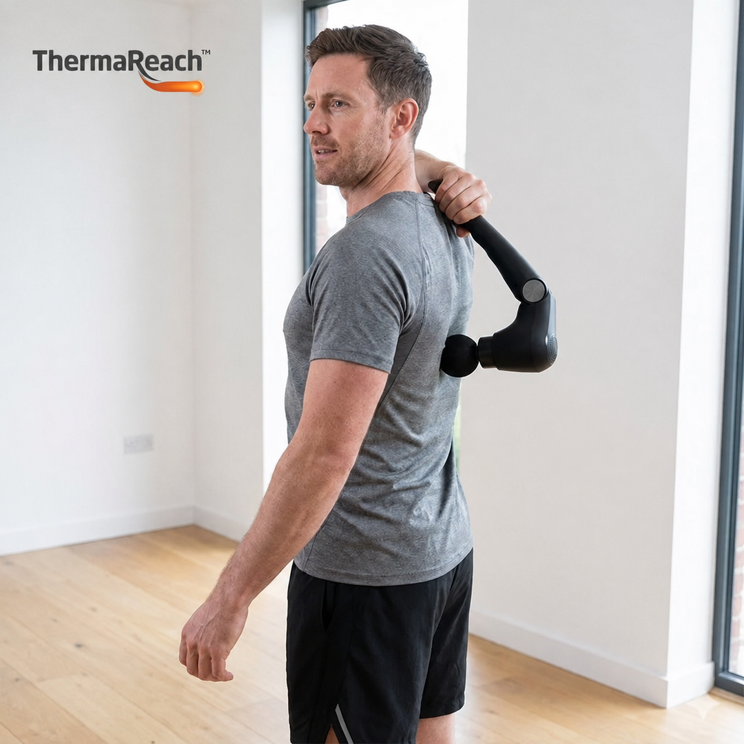 Back Heater &amp; Massager Gun | Foldable Long-Reach Percussion Device with Heated Head