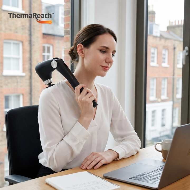 Back Heater &amp; Massager Gun | Foldable Long-Reach Percussion Device with Heated Head
