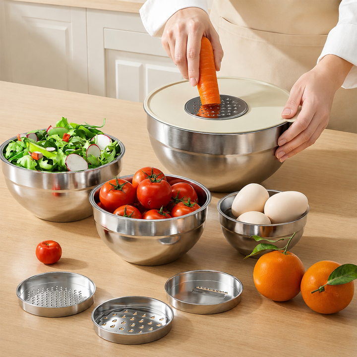 6 Piece Stainless Steel Mixing Bowl Set Grater Attachments Lids 1