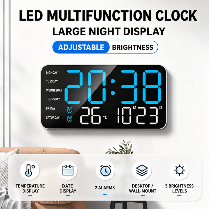 LED Wall Clock | Digital Display With Day, Date And Temperature
