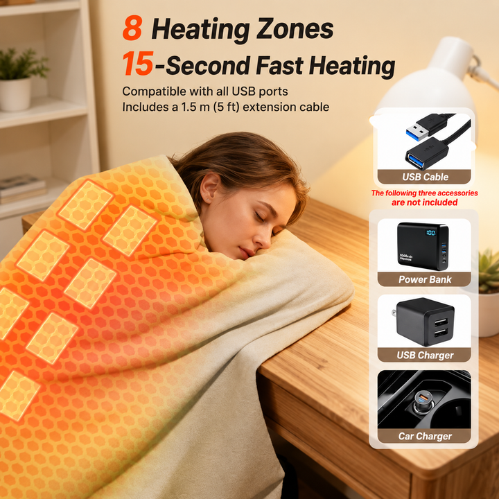 Electric Heated Blanket | 3 Heat Settings, 8 Heating Zones | USB-Powered, Washable, Powerbank Included