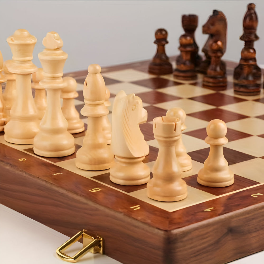 Wooden Chess Set with Storage Case | Classic Board Game with 32 Pieces and 2 Extra Queens | Smooth Finish for Family Play 3