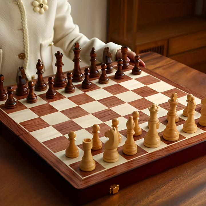 Wooden Chess Set with Storage Case | Classic Board Game with 32 Pieces and 2 Extra Queens | Smooth Finish for Family Play 2