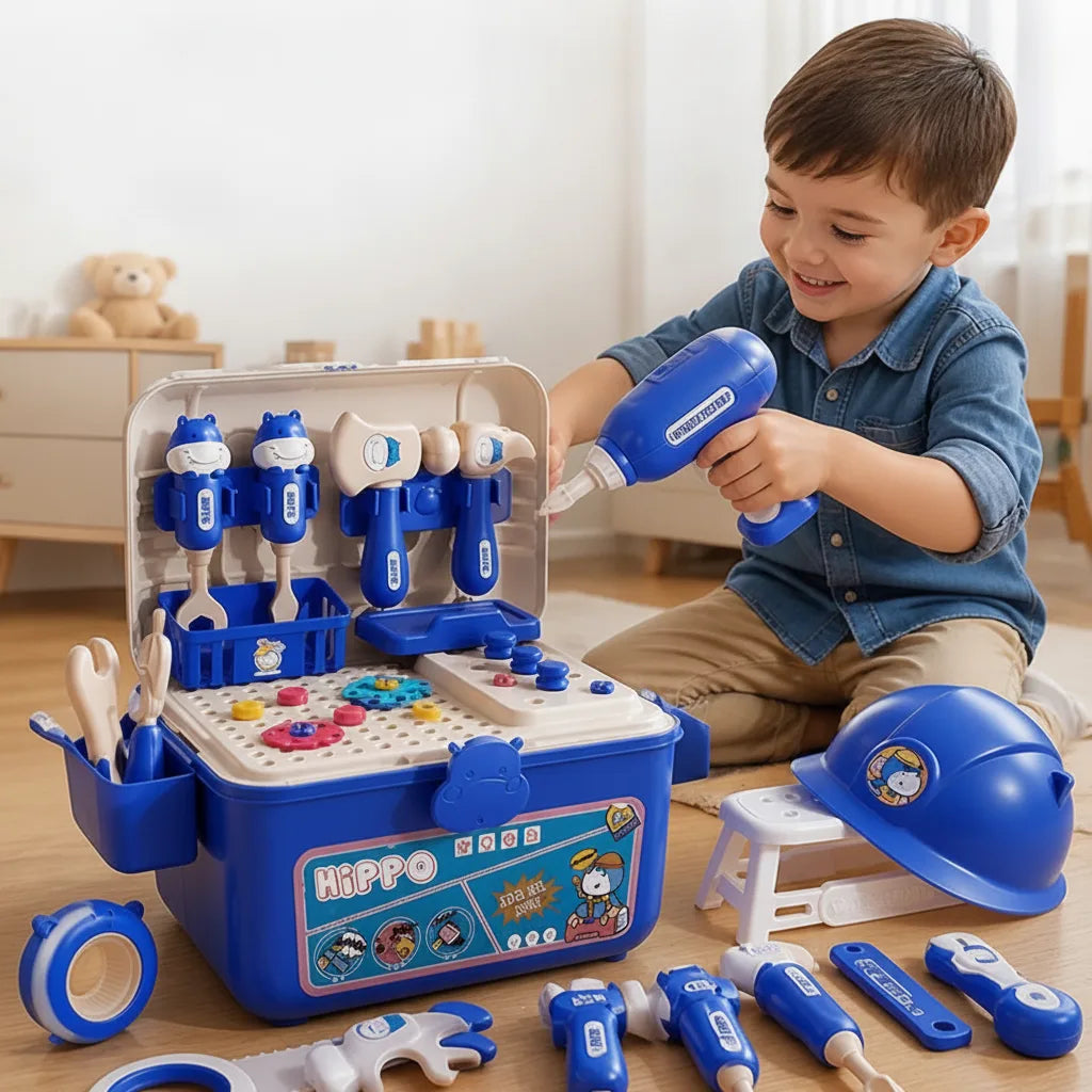 Children's Tool Set | Montessori Toy Workbench Case with Drill & Helmet