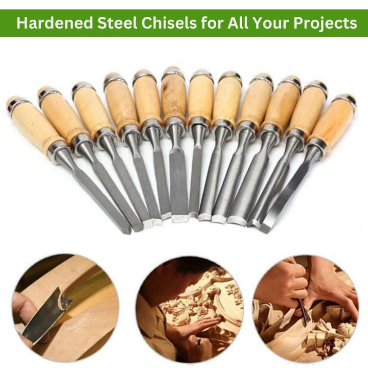 Wood Carving Chisels Set Hardened Steel | 12 Piece Kit with Storage Bag | Sharp Precision Carving Tools for Wood, Clay, Crafts 4