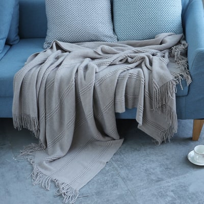 Chunky Knit Throw Blanket Acrylic | Textured Diagonal Stripes with Tassel Fringe | Soft Lightweight Layer for Sofa or Bed