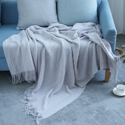 Chunky Knit Throw Blanket Acrylic | Textured Diagonal Stripes with Tassel Fringe | Soft Lightweight Layer for Sofa or Bed