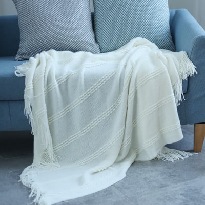 Chunky Knit Throw Blanket Acrylic | Textured Diagonal Stripes with Tassel Fringe | Soft Lightweight Layer for Sofa or Bed