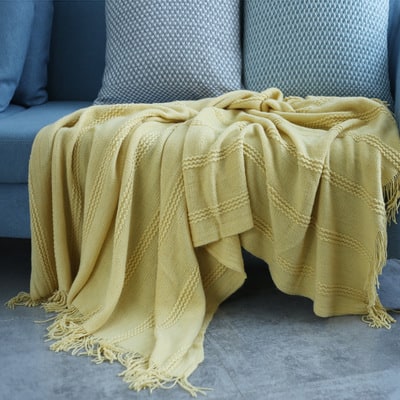 Chunky Knit Throw Blanket Acrylic | Textured Diagonal Stripes with Tassel Fringe | Soft Lightweight Layer for Sofa or Bed