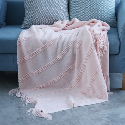 Chunky Knit Throw Blanket Acrylic | Textured Diagonal Stripes with Tassel Fringe | Soft Lightweight Layer for Sofa or Bed