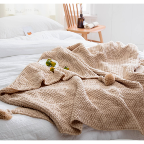 Chunky Knit Throw Blanket Acrylic Yarn | Waffle Weave with Pom-Pom Tassel Trim | Soft Cosy Throw for Sofa or Bed