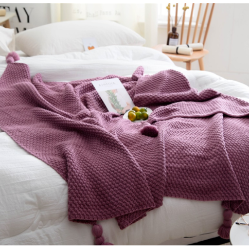 Chunky Knit Throw Blanket Acrylic Yarn | Waffle Weave with Pom-Pom Tassel Trim | Soft Cosy Throw for Sofa or Bed