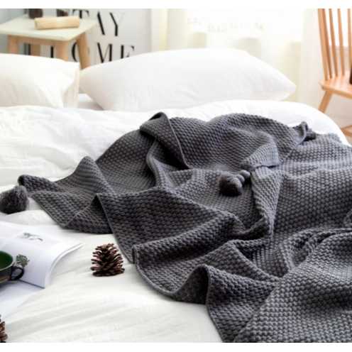 Chunky Knit Throw Blanket Acrylic Yarn | Waffle Weave with Pom-Pom Tassel Trim | Soft Cosy Throw for Sofa or Bed